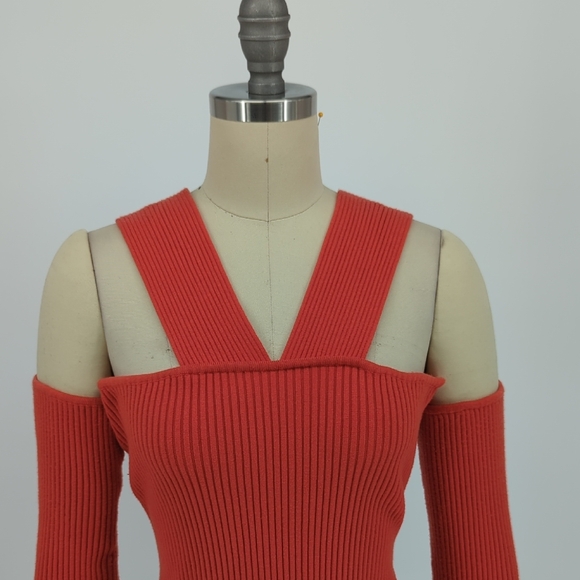 30037 Herve Leger Ribbed Knit Cold Shoulder Sweater Orange size Small fall - Picture 3 of 7